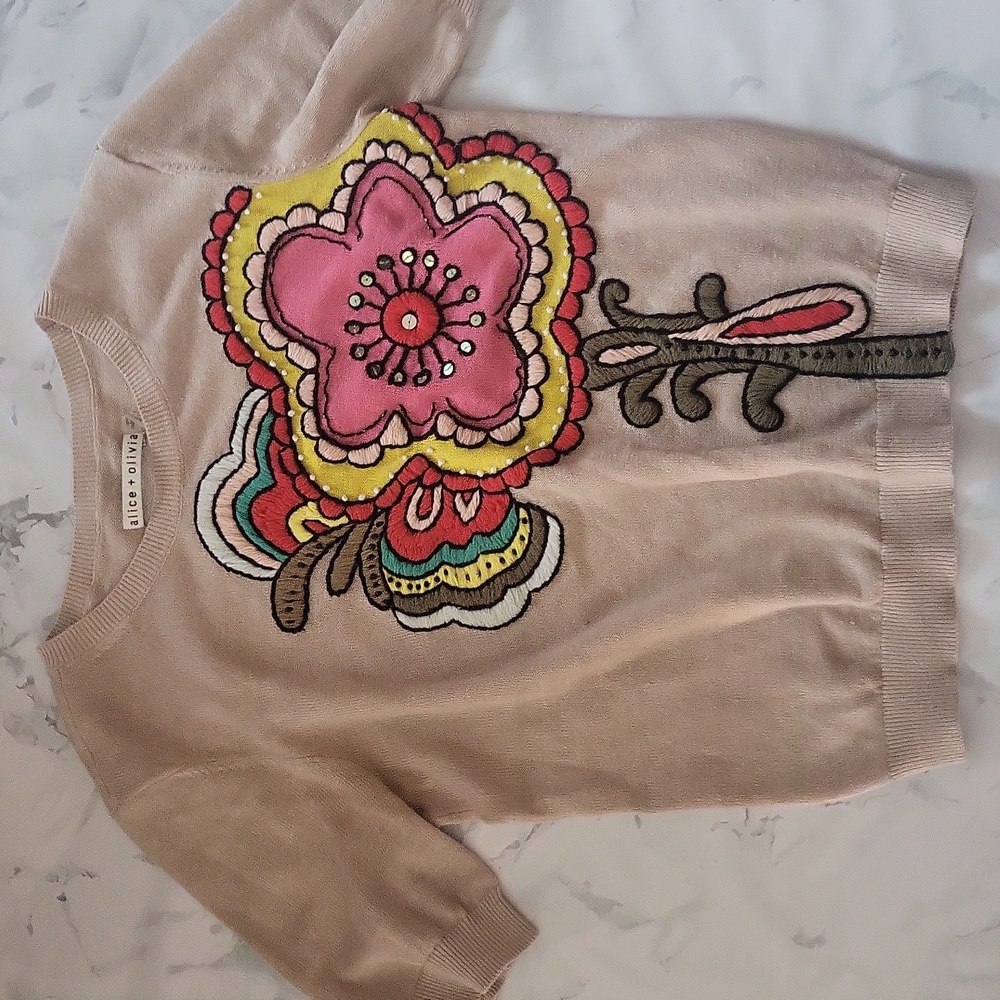 Alice + Olivia Floral Embroidered Linen and Cotton Sweater